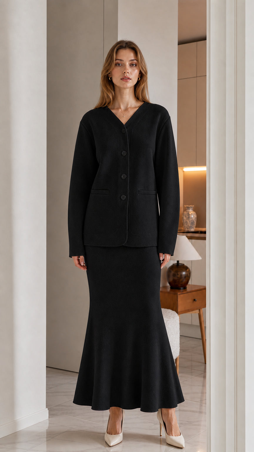 Full front view of model wearing black V-neck cardigan and matching fluted maxi skirt set