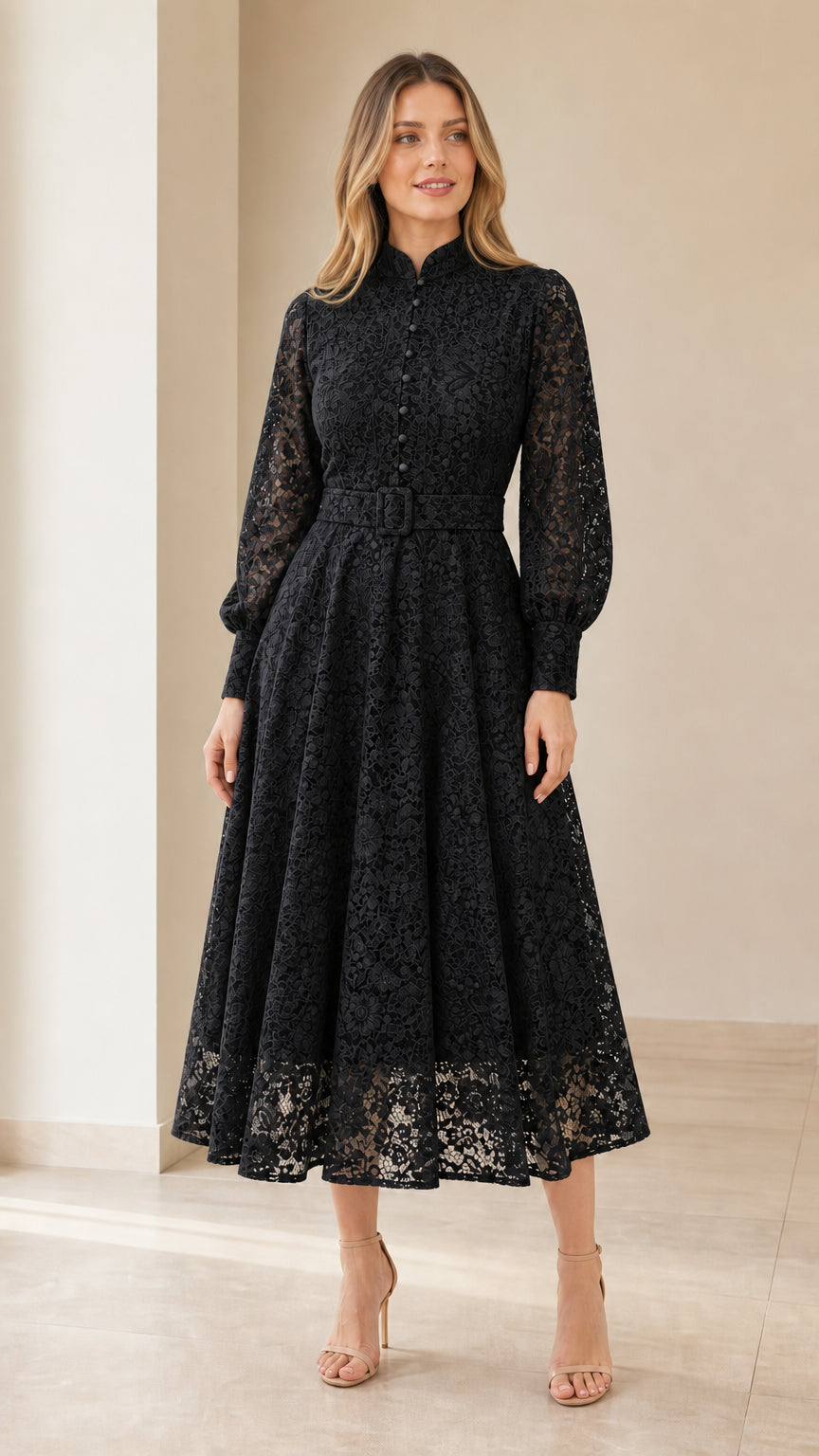 Model wearing Black floral lace high-neck midi dress with belt