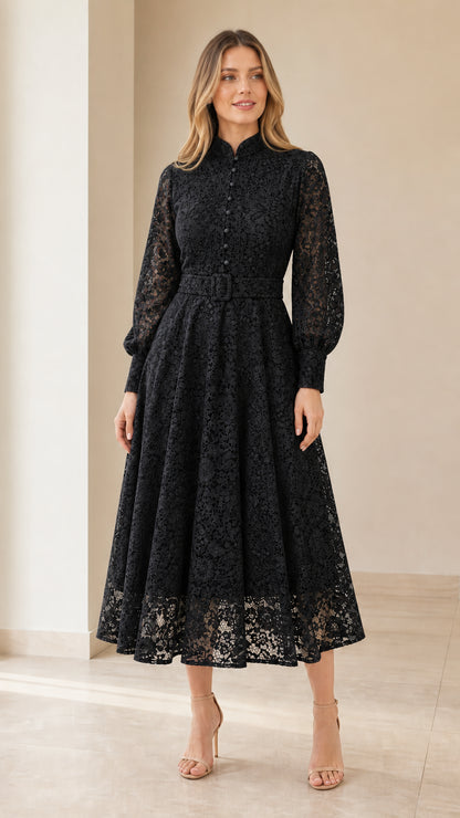 Model wearing Black floral lace high-neck midi dress with belt