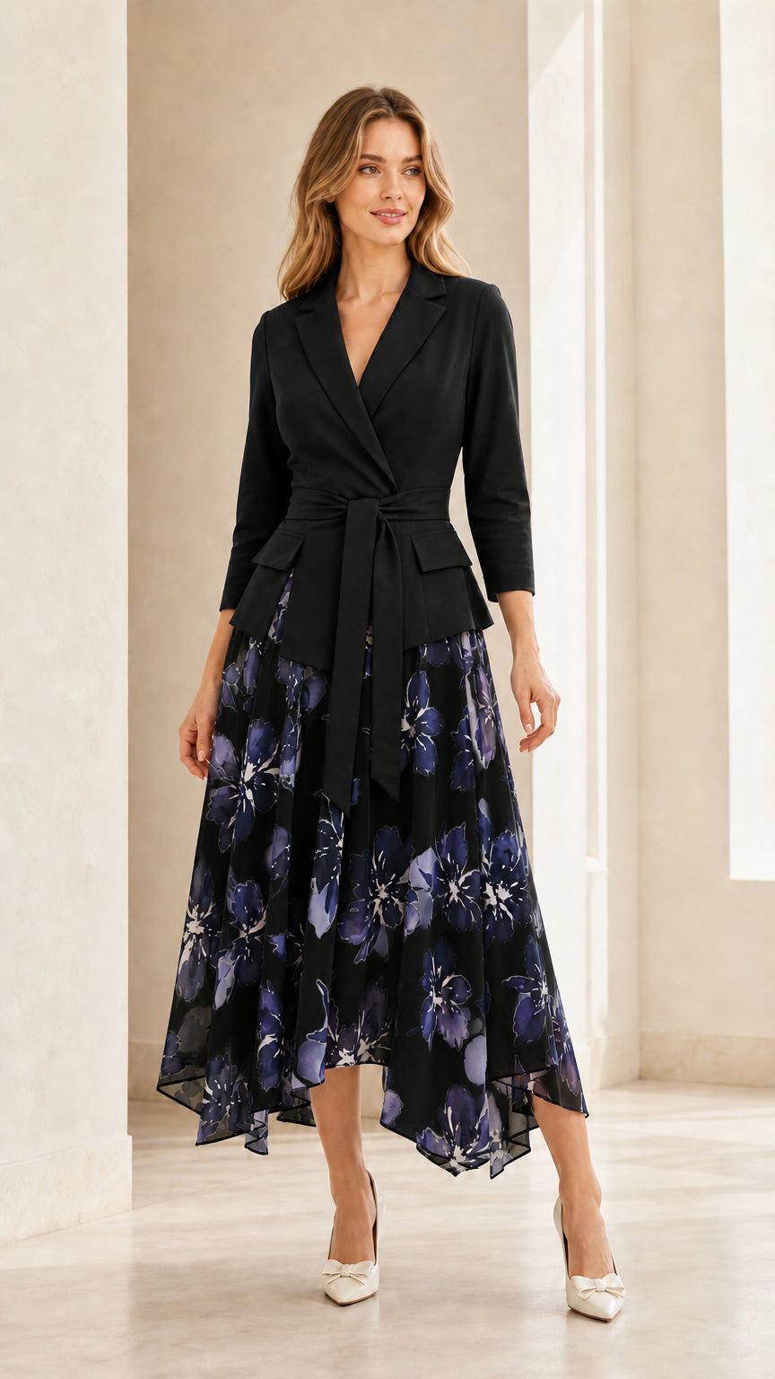 Full length view of woman wearing black blazer style floral midi dress