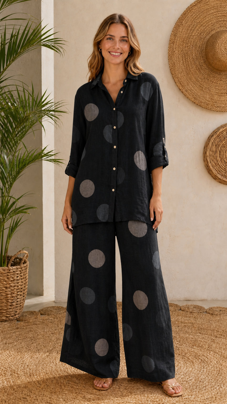 Front view of model wearing black polka dot shirt and wide-leg pants set