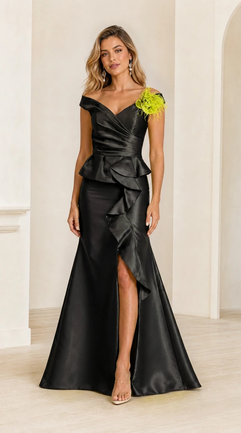 Model wearing black satin evening dress