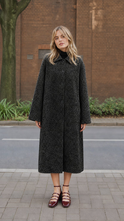 Women's Charcoal tweed single-breasted long overcoat full view