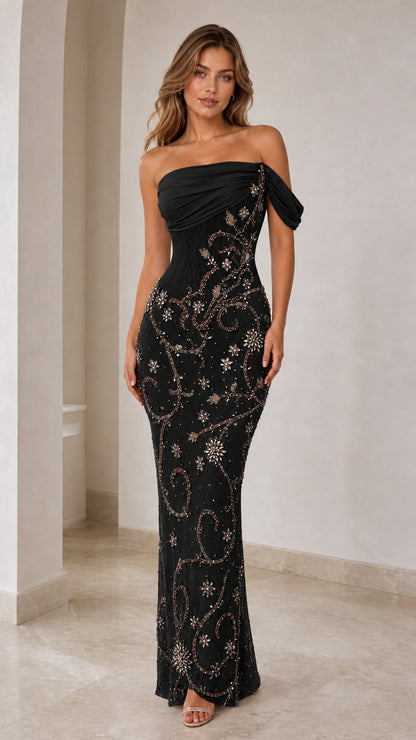 Front view of black beaded evening gown