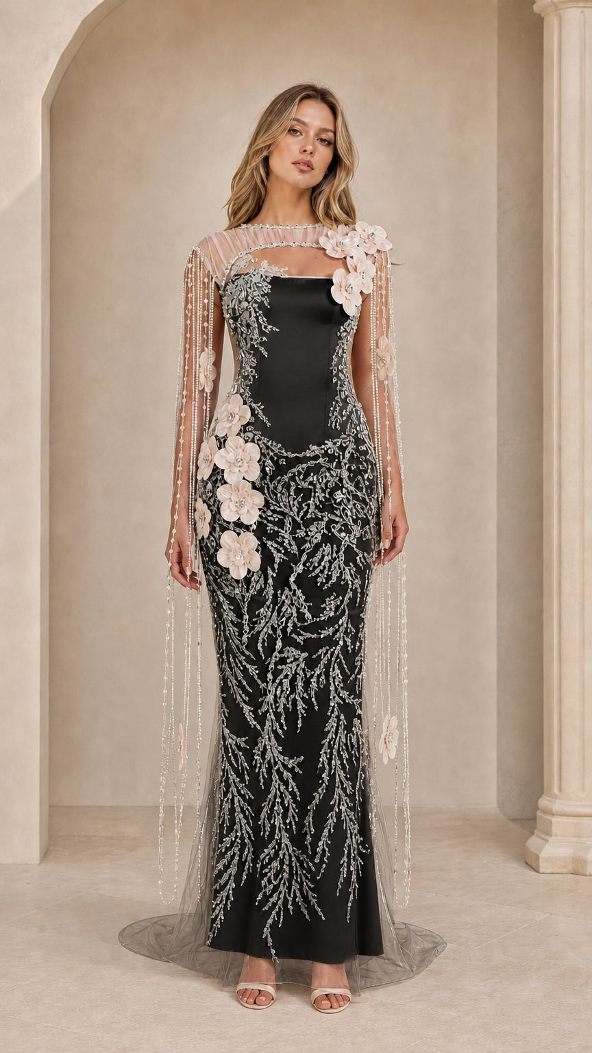 Black embellished cape sleeve formal gown with floral appliqués