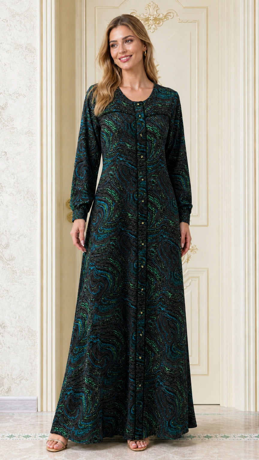 Front view of woman wearing Dark Green swirl print long sleeve maxi dress