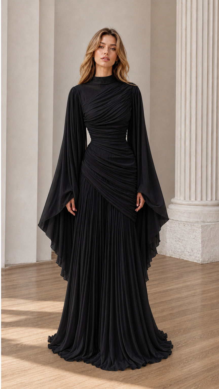 Front view of Black ruched high-neck maxi dress