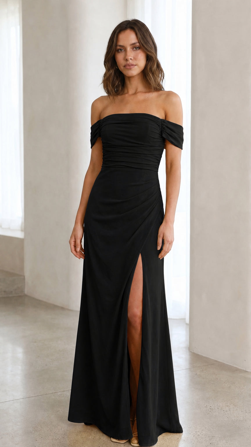 Front view of black off-the-shoulder ruched maxi dress