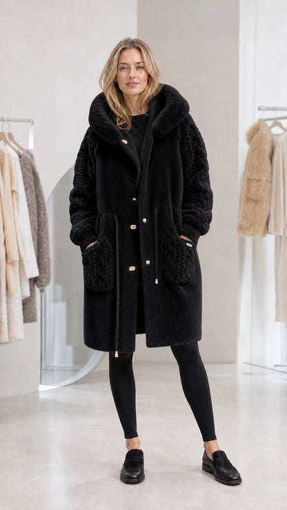 Black women's hooded faux fur coat with textured sleeves and front pockets