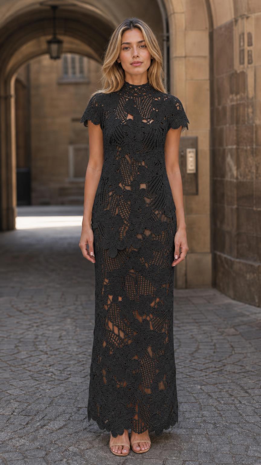 Front view of black floral crochet lace maxi dress