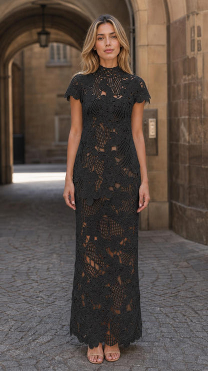 Front view of black floral crochet lace maxi dress