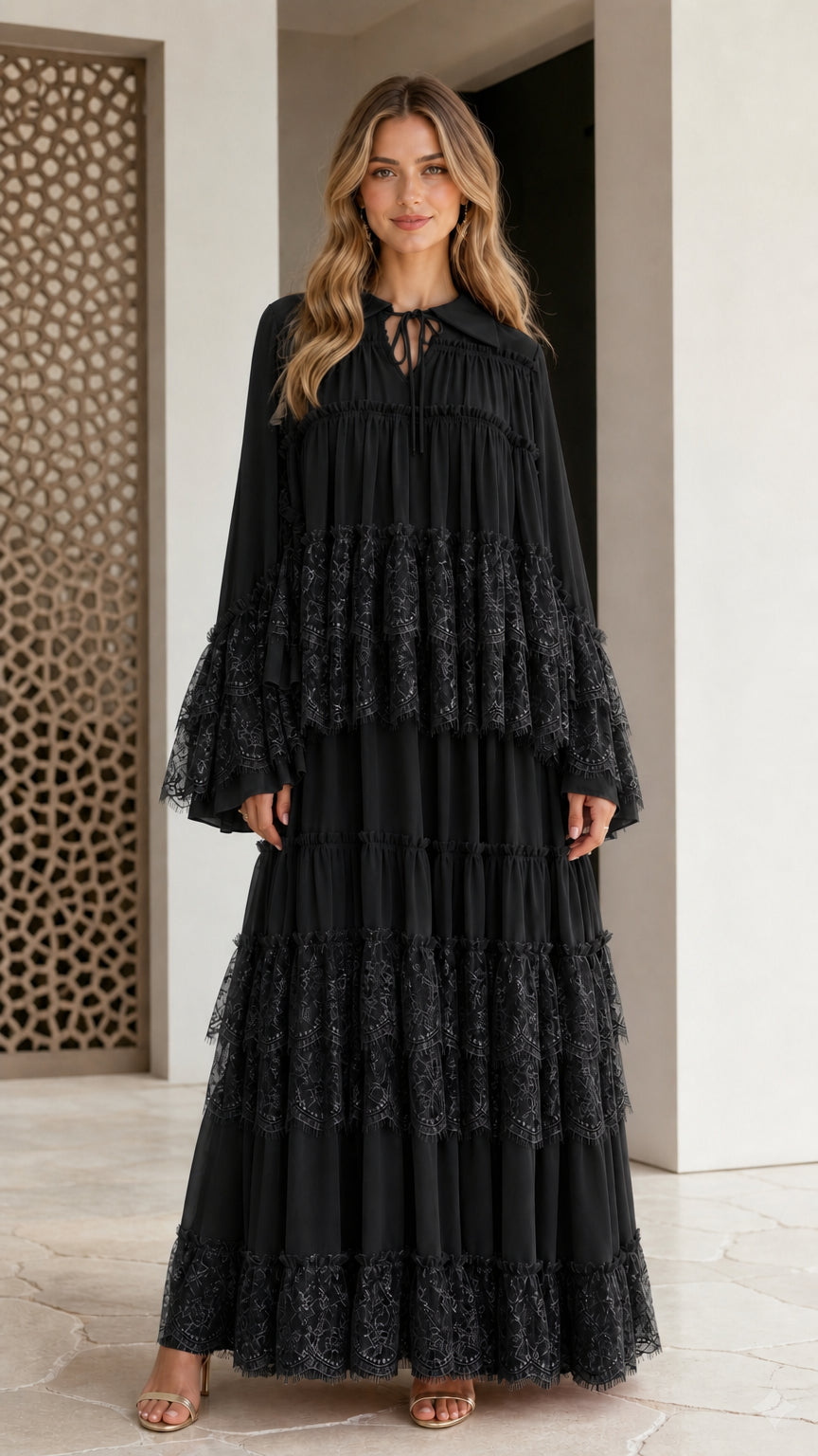 Black tiered lace long sleeve maxi dress front view