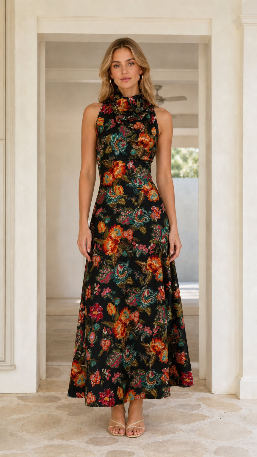 Front view of black floral maxi dress