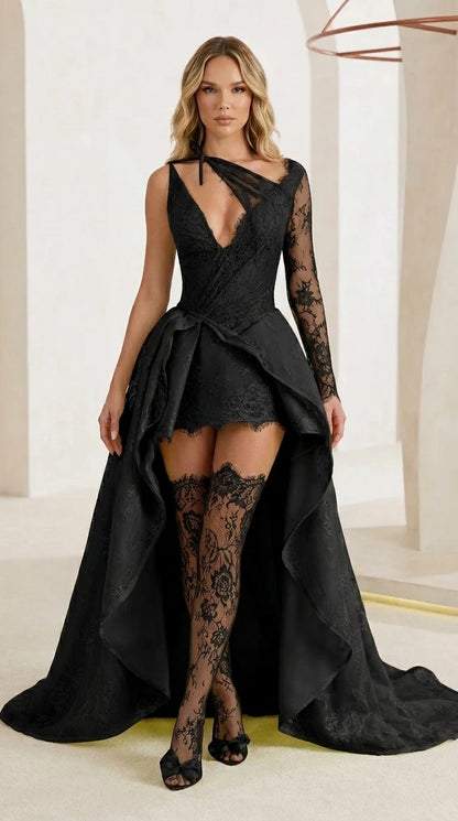 Front view of black color variant with matching stockings