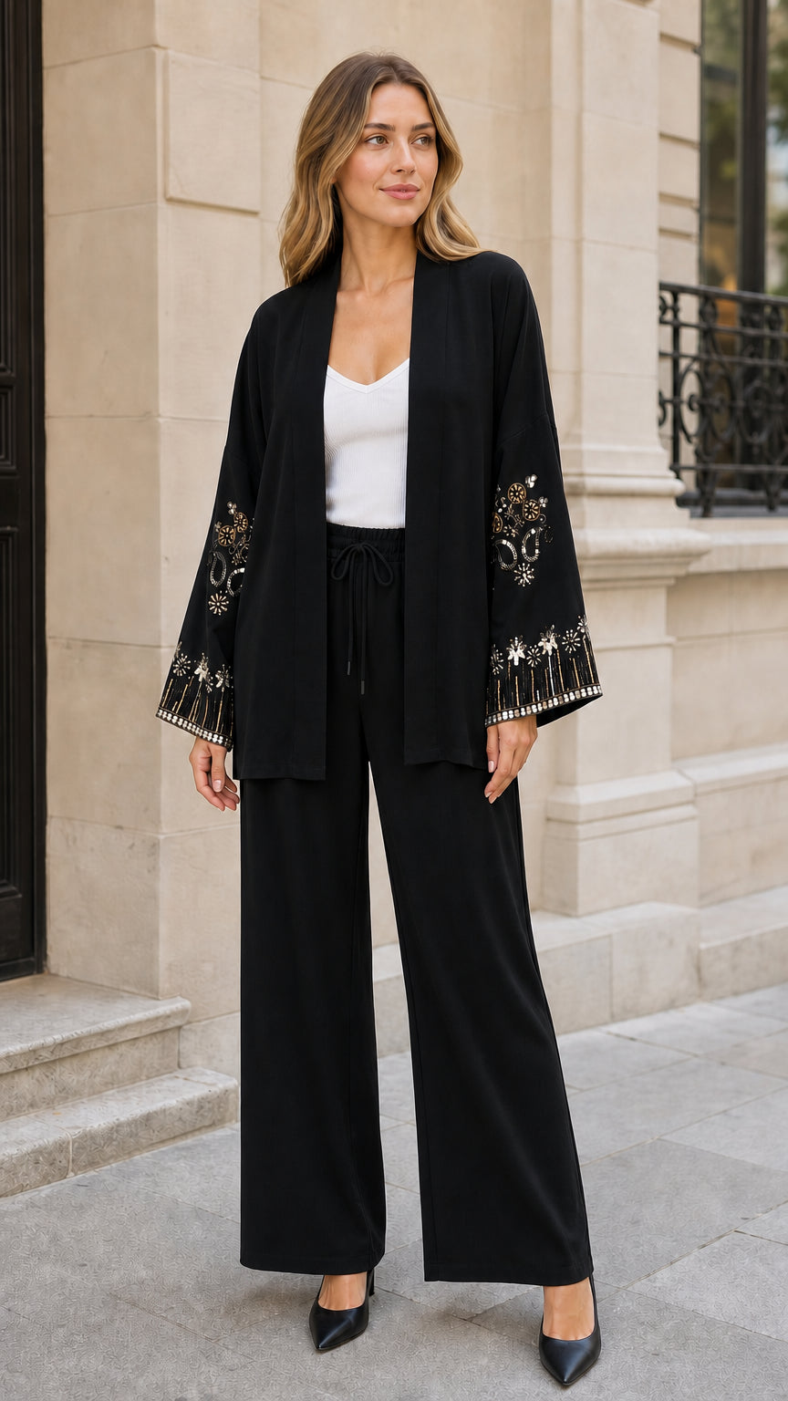 Women's embroidered open front cardigan and wide leg pant set in black
