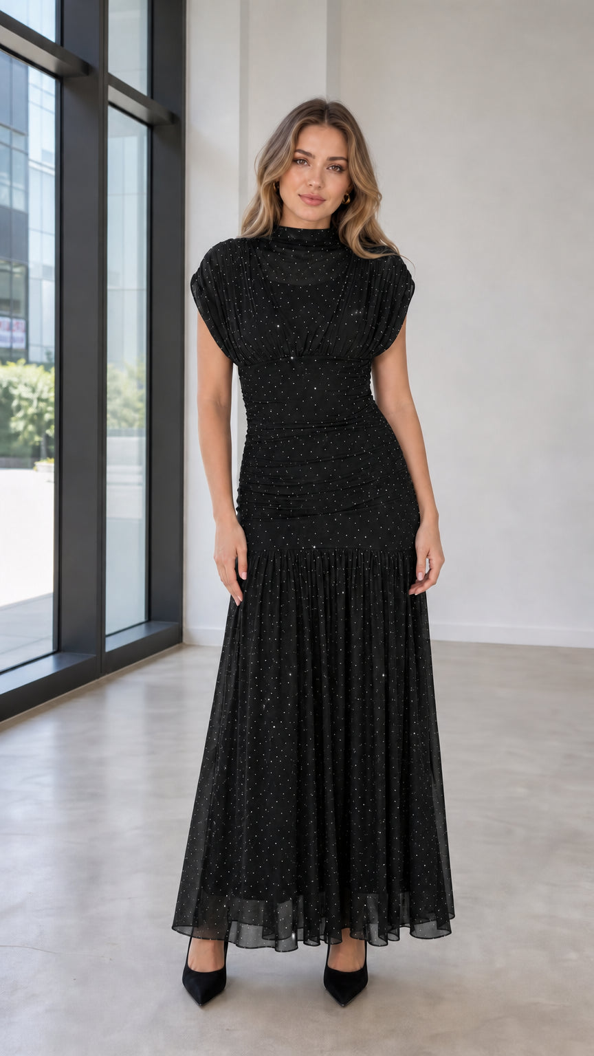 Model wearing black glitter mesh maxi dress