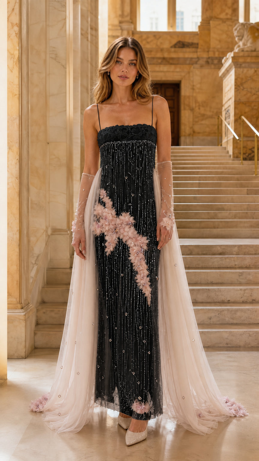 Black embellished floor-length evening gown with blush floral appliqué and flowing train