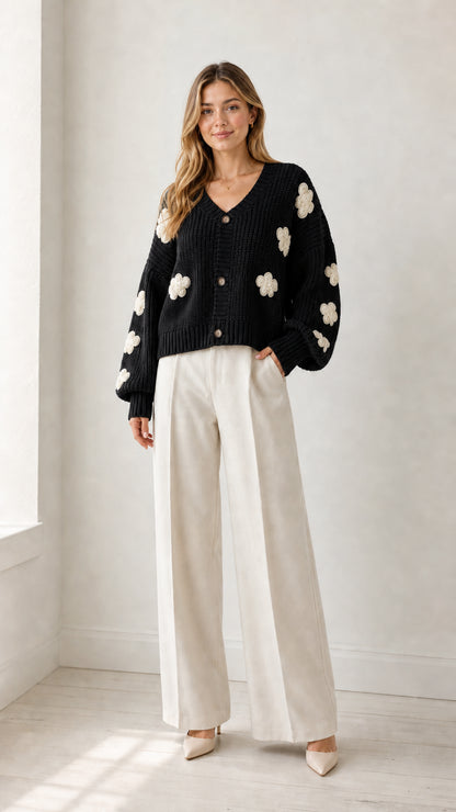 Model wearing black chunky knit V-neck cardigan with white floral appliqués