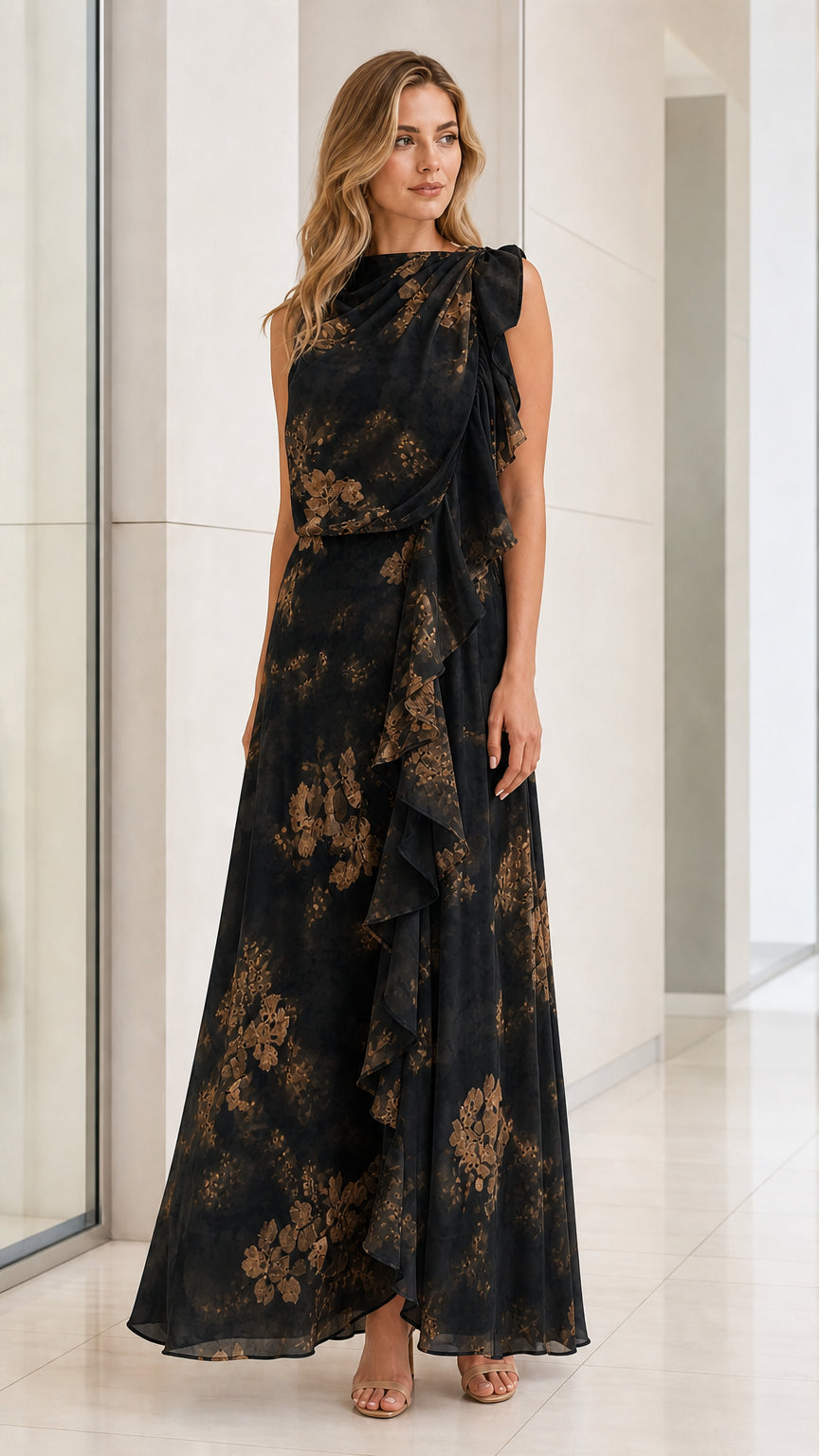Front view of model in Black floral ruffled maxi dress