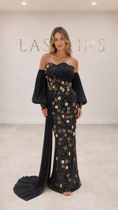 Black off-the-shoulder 3D floral embellished evening gown with side train