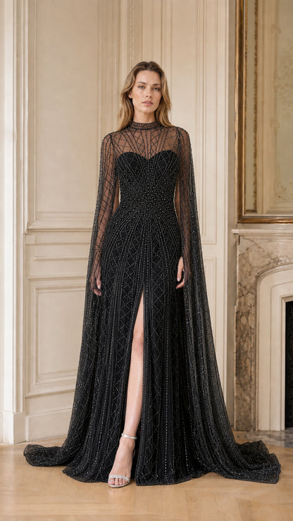 Front view of black beaded cape sleeve evening dress