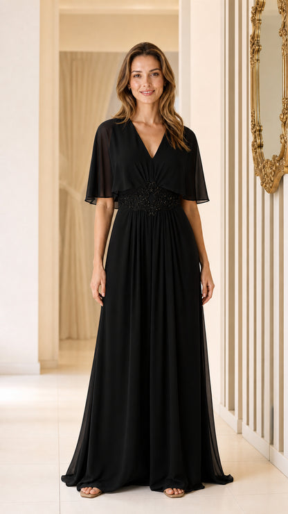 Full view of black V-neck chiffon maxi dress