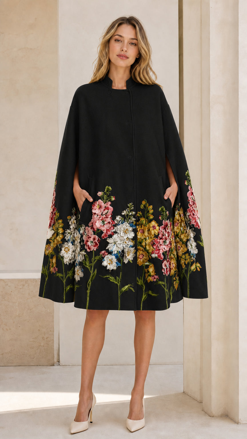 Front view of Black floral embroidered cape coat on model