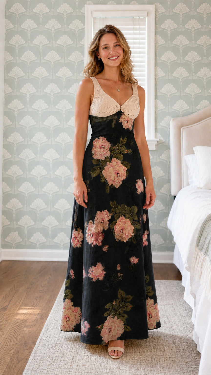 Woman wearing black floral maxi dress