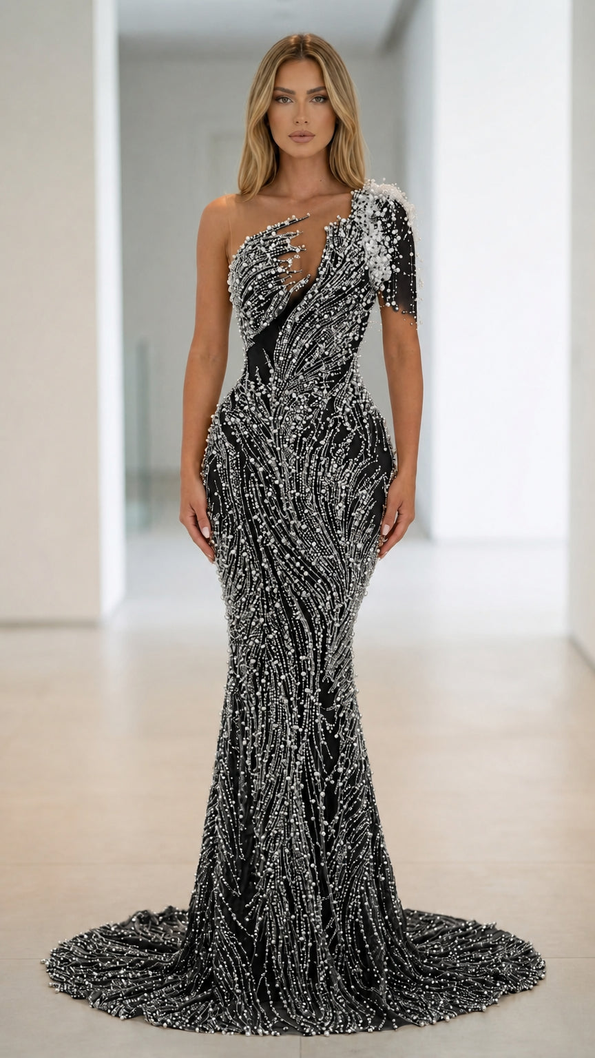 Front view of Black one-shoulder beaded mermaid evening gown
