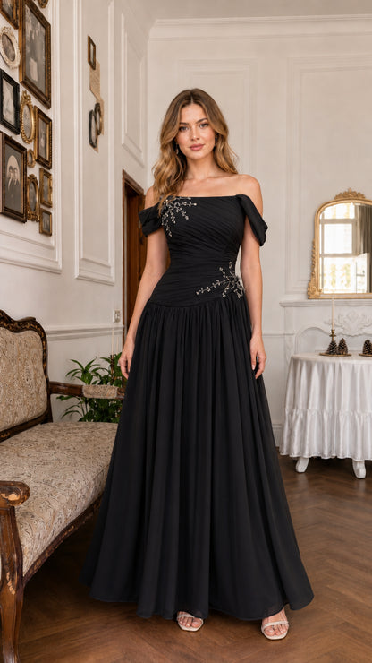 Black off-the-shoulder beaded chiffon evening maxi dress