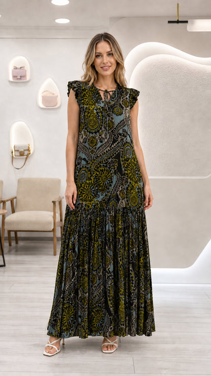 Full front view of model wearing charcoal multi paisley tiered maxi dress