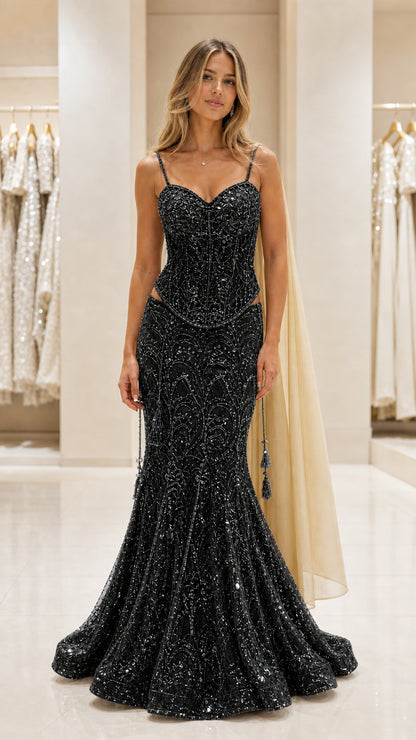 Full front view of the black sequin mermaid evening gown