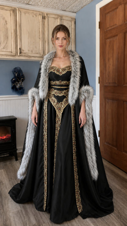 Front view of black Renaissance medieval gown and faux fur cloak
