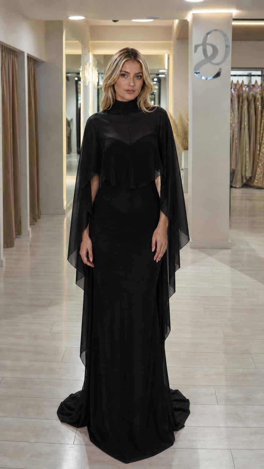 Front view of black chiffon cape evening maxi dress