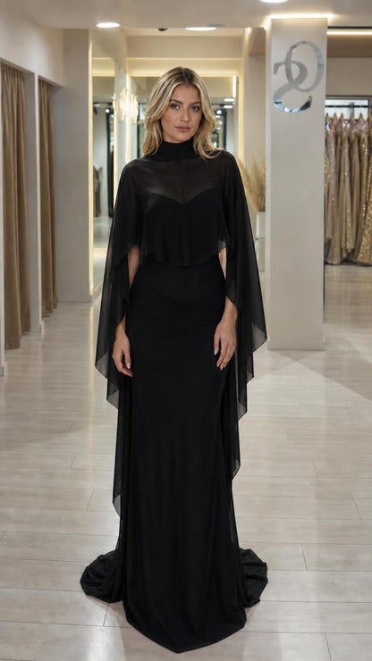 Front view of black chiffon cape evening maxi dress