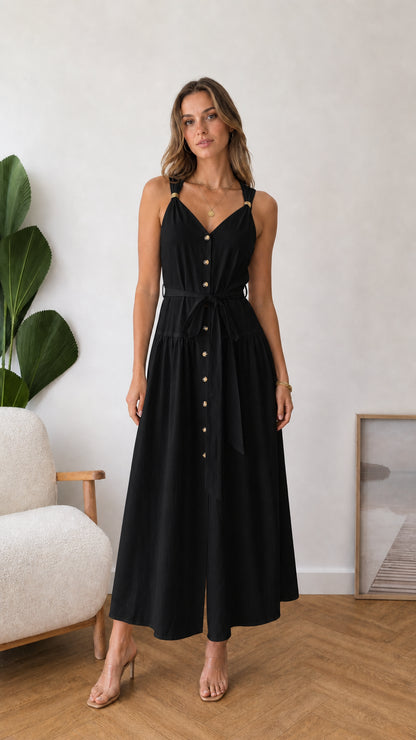 Model wearing black button-front midi dress with tie waist
