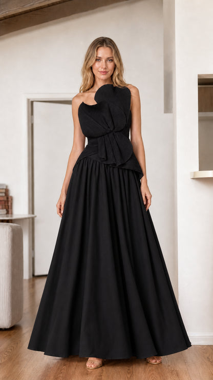 Black strapless A-line evening gown with pleated sculptural bodice detail