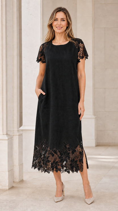 Model wearing elegant black midi dress with lace details