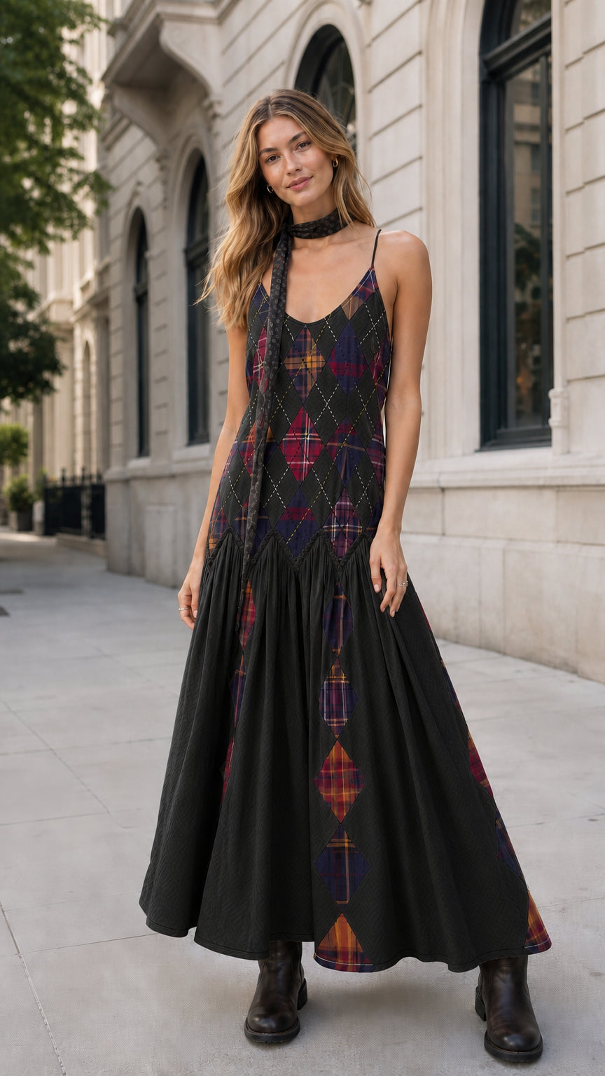 Black argyle drop-waist maxi cami dress front view on model