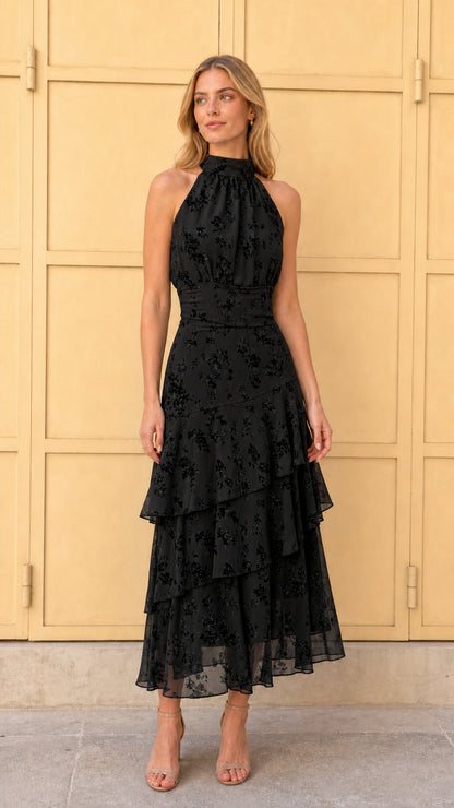 Front view of Black tiered halter midi dress