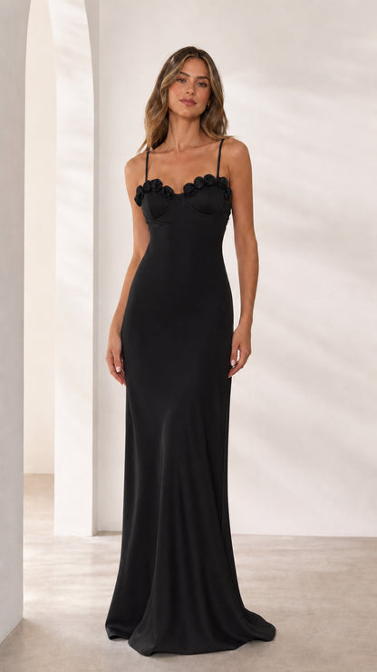 Front view of black satin evening gown