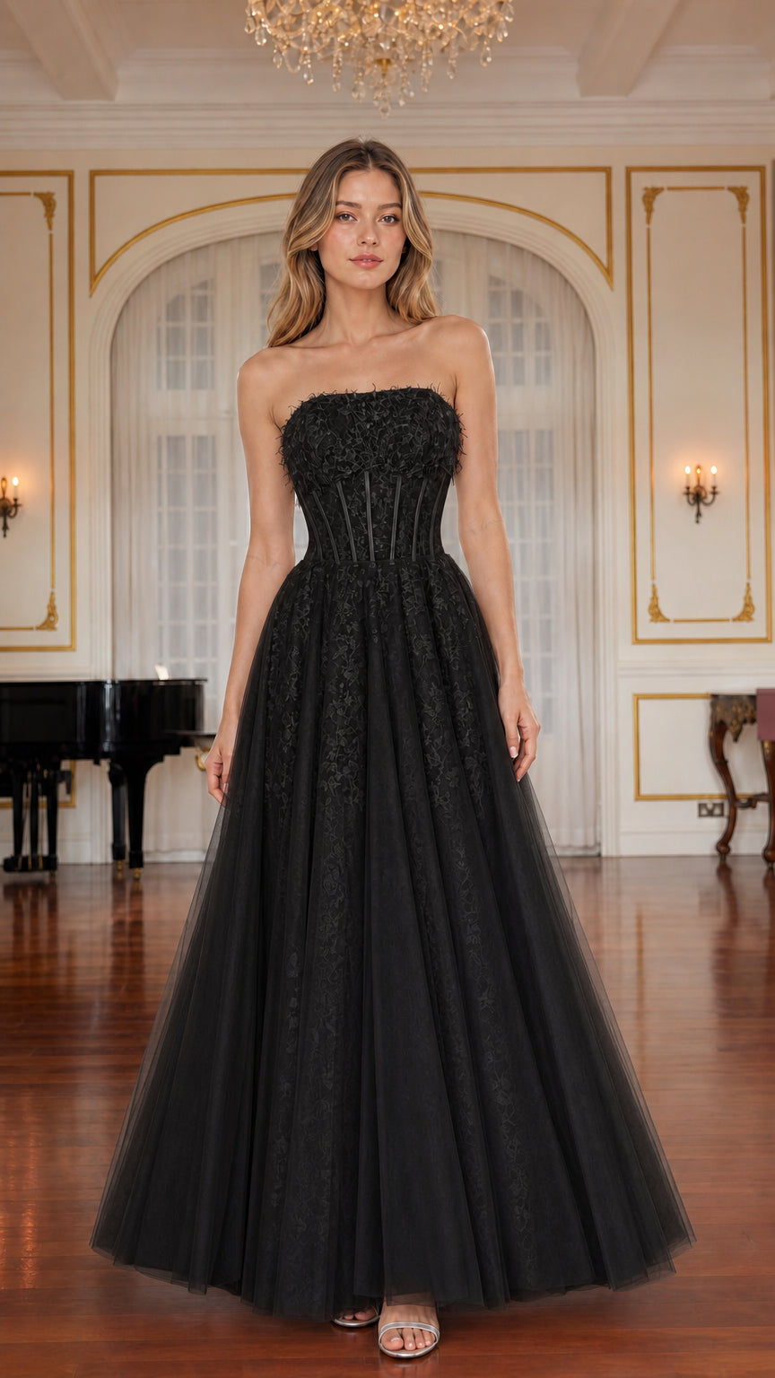 Model wearing black strapless corset tulle ball gown