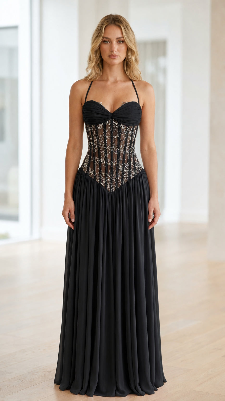 Front view of black halter neck sequin corset long dress