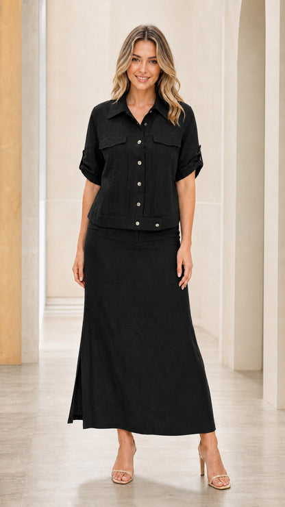 Front view of woman wearing black two-piece set