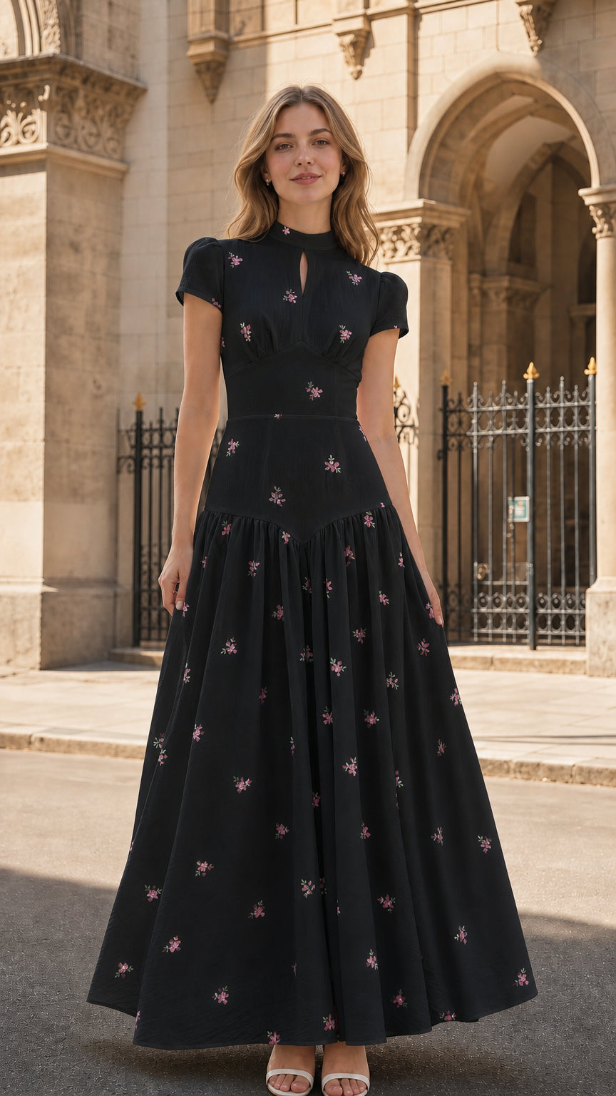 Front view of black floral embroidered maxi dress
