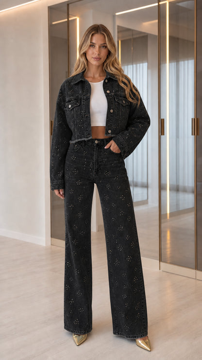 Full front view of model wearing Washed Black rhinestone denim jacket and wide-leg pants set