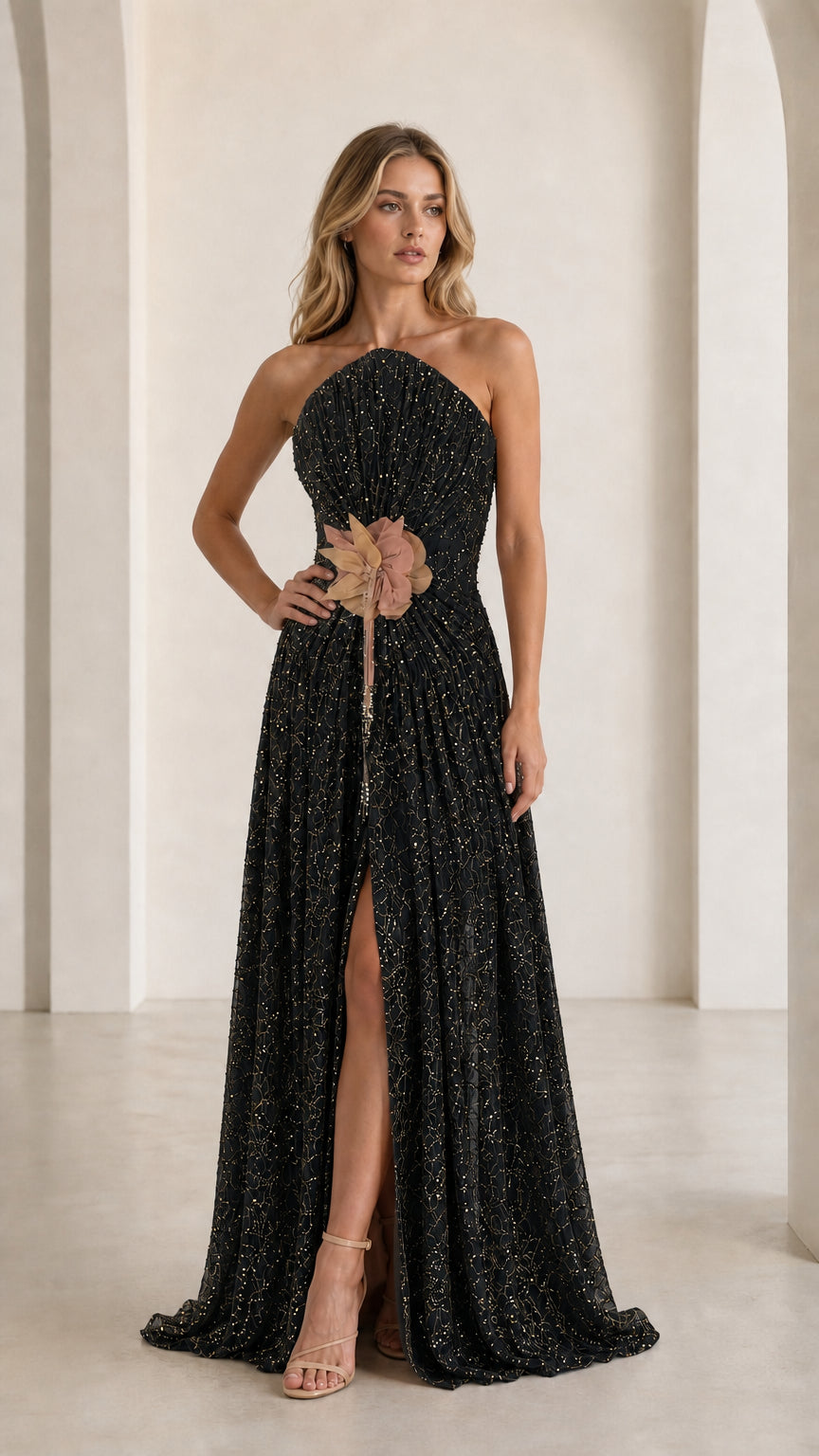 Front view of black sequin halter evening gown