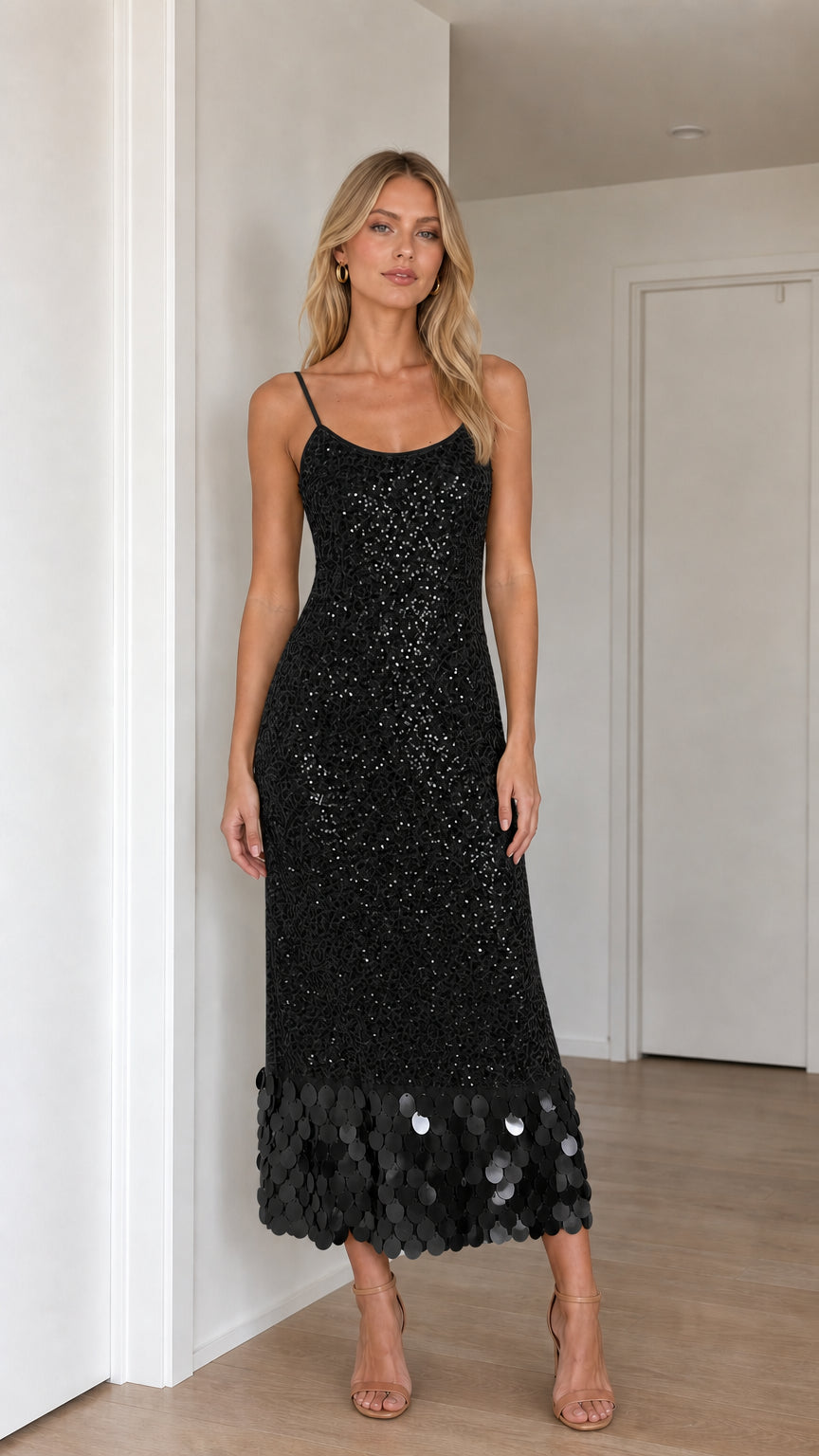 Model wearing black sequin midi dress