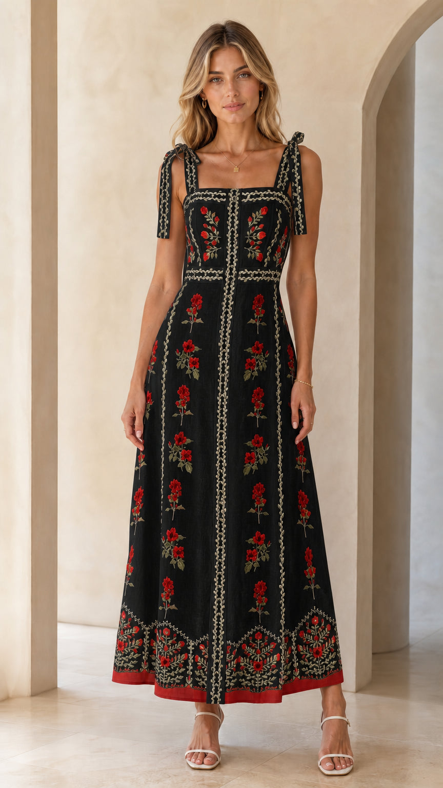 Woman wearing black variant of the floral embroidered maxi dress
