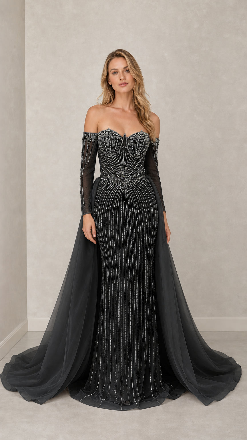 Front view of black variant beaded evening gown